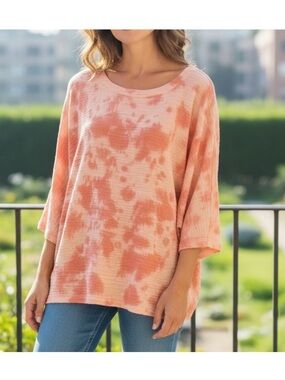 Pure Jill Relaxed Fit Gauze Top - Coral & Peach - Size 2x